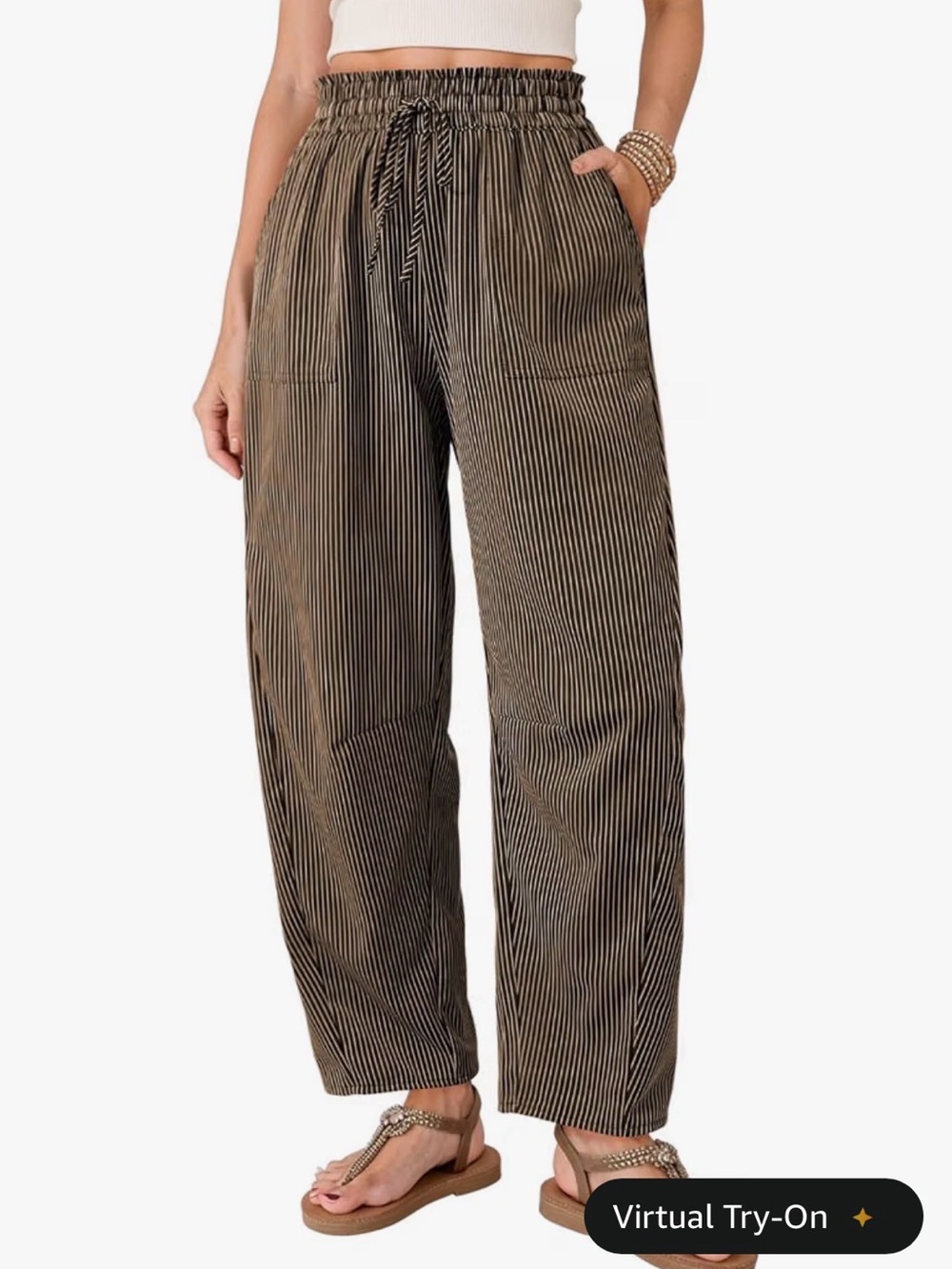 Dokotoo Women's Barrel Striped Casual Pants Wide Leg with Pockets